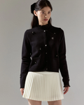 Fairliar Leather flower trimmed cardigan (Black)