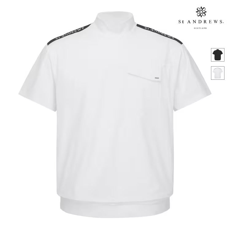 St Andrews Men's Woven Hybrid High-Neck Short Sleeve T-Shirt with Pocket Detail