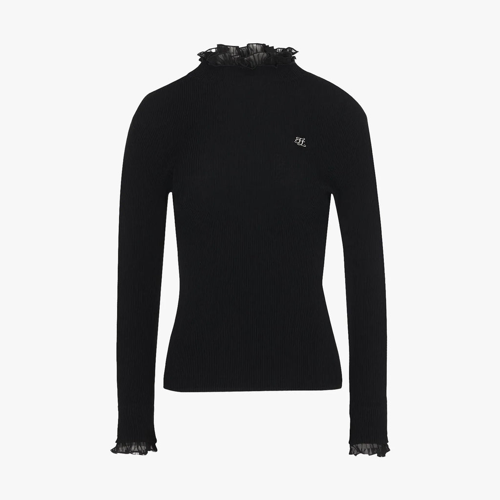 Fairliar Double-layer ruffle high-neck ribbed knitted shirt (black)