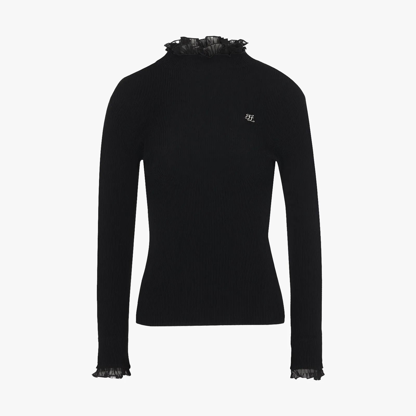 Fairliar Double-layer ruffle high-neck ribbed knitted shirt (black)