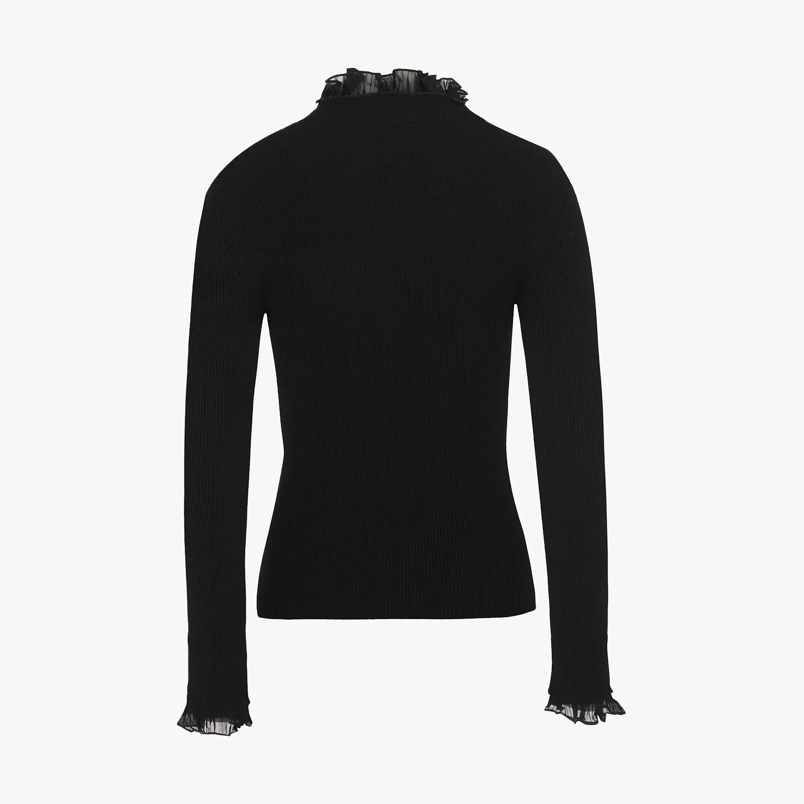 Fairliar Double-layer ruffle high-neck ribbed knitted shirt (black)