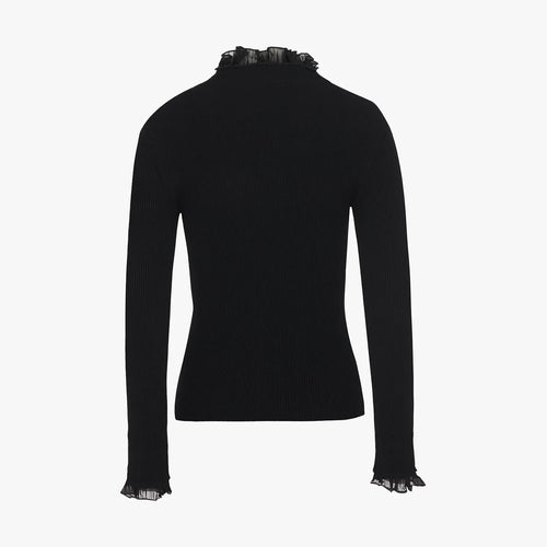 Fairliar Double-layer ruffle high-neck ribbed knitted shirt (black)