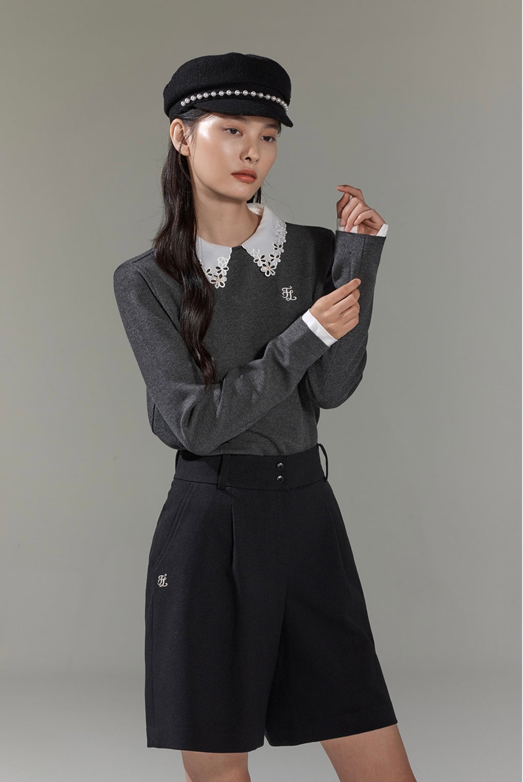 Fairliar Detachable lace collar knitted shirt (dark green)