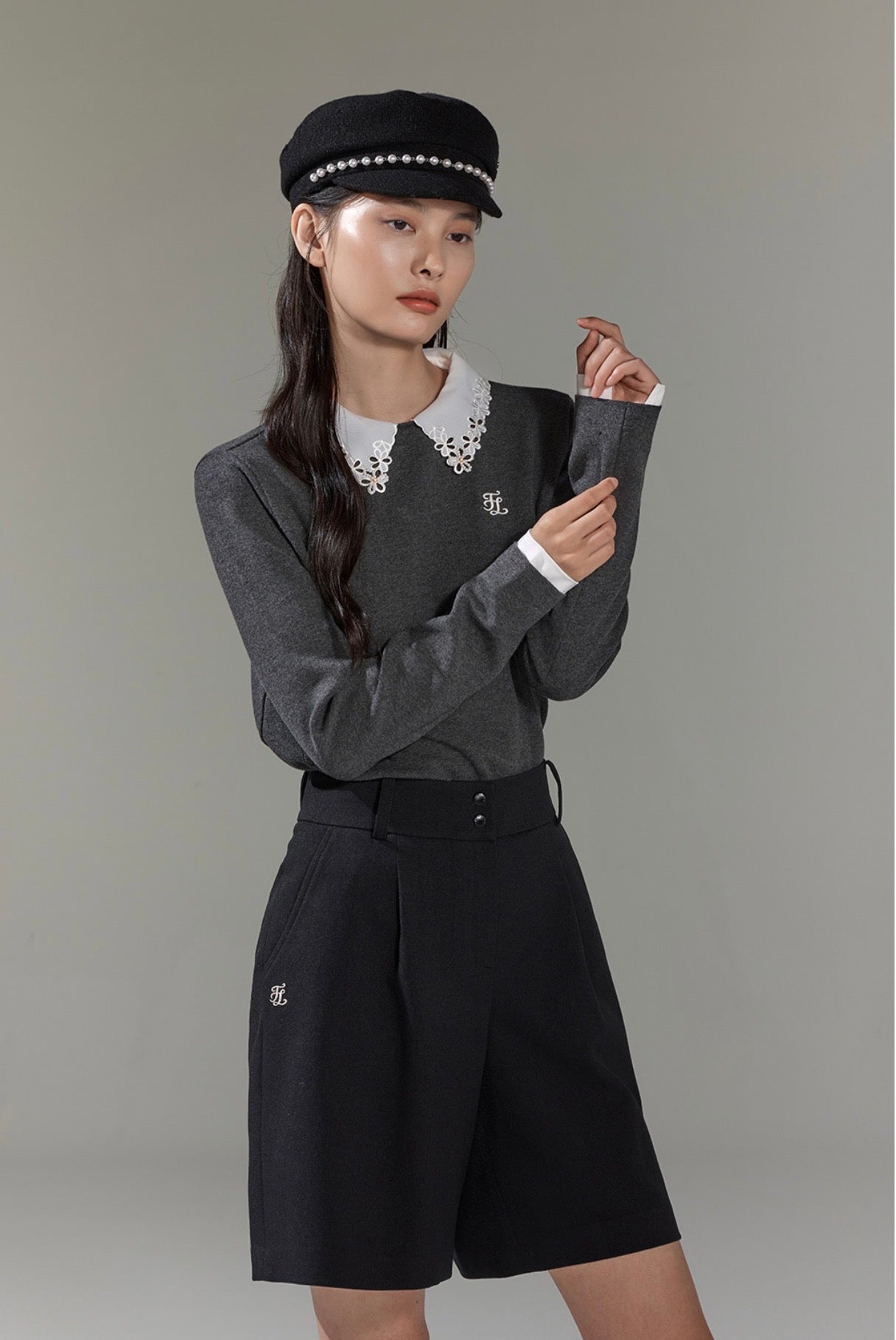 Fairliar Detachable lace collar knitted shirt (dark green)