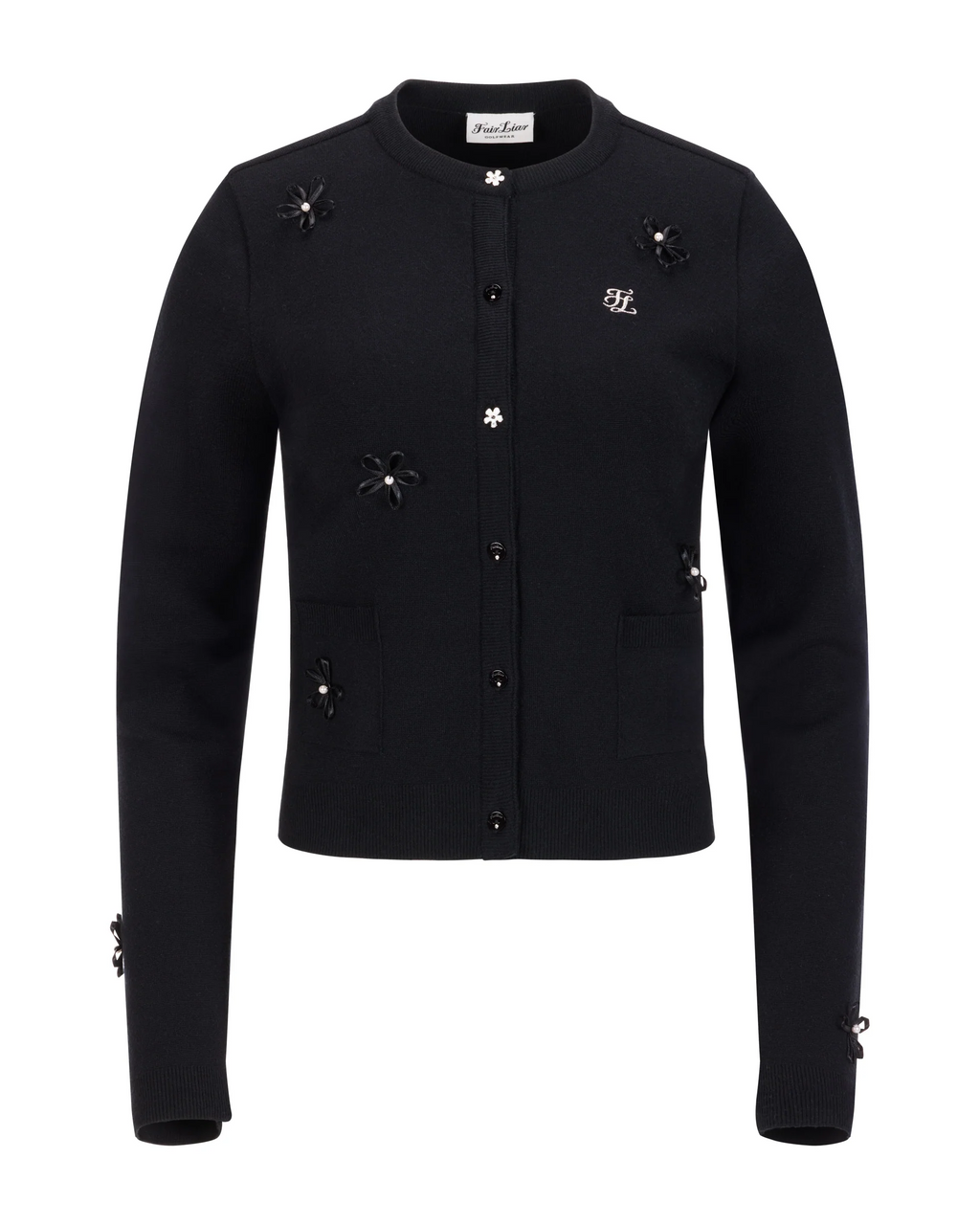 Fairliar Leather flower trimmed cardigan (Black)