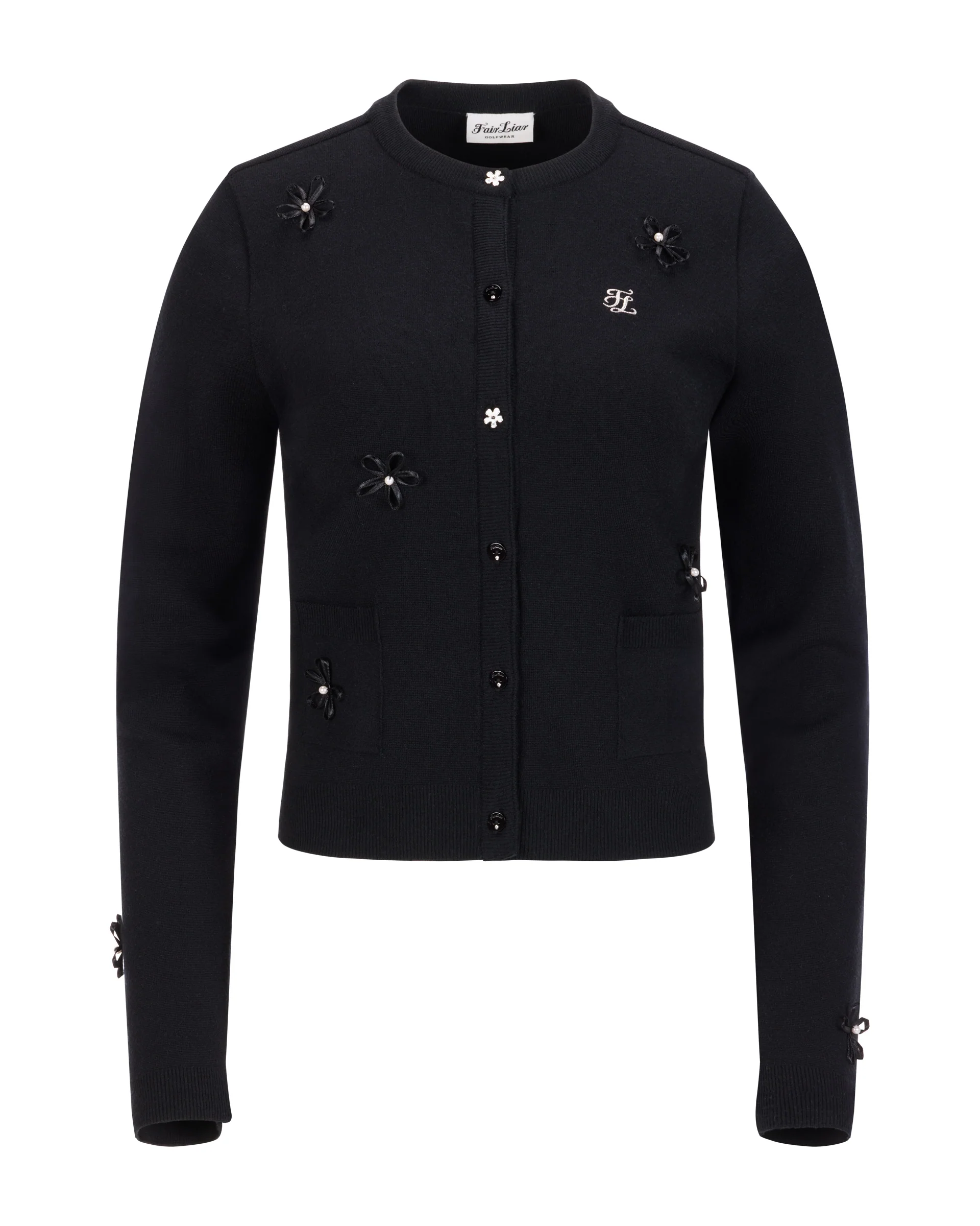 Fairliar Leather flower trimmed cardigan (Black)