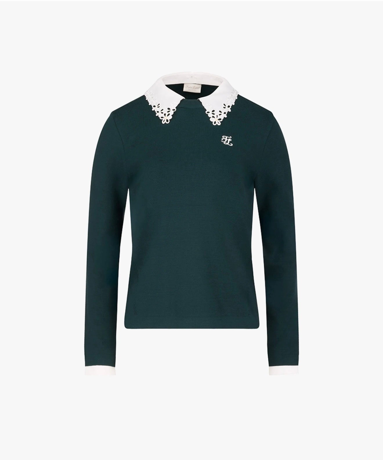 Fairliar Detachable lace collar knitted shirt (dark green)