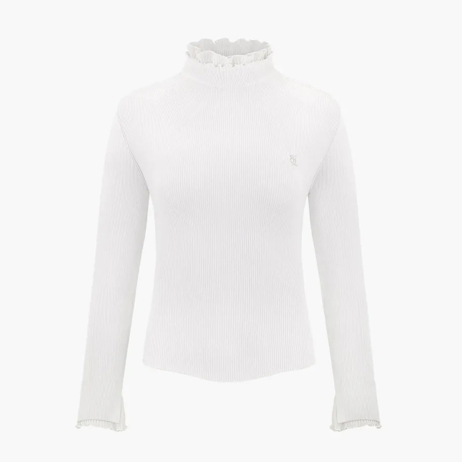 Fairliar Women's Double Frill High-Neck Knitted Sweater - White