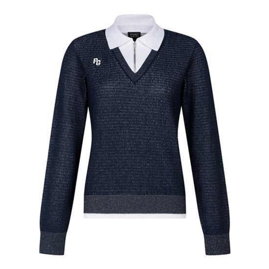 Pearly Gates] Women's Half-Zip Color-Block Collar Long-Sleeve Knit