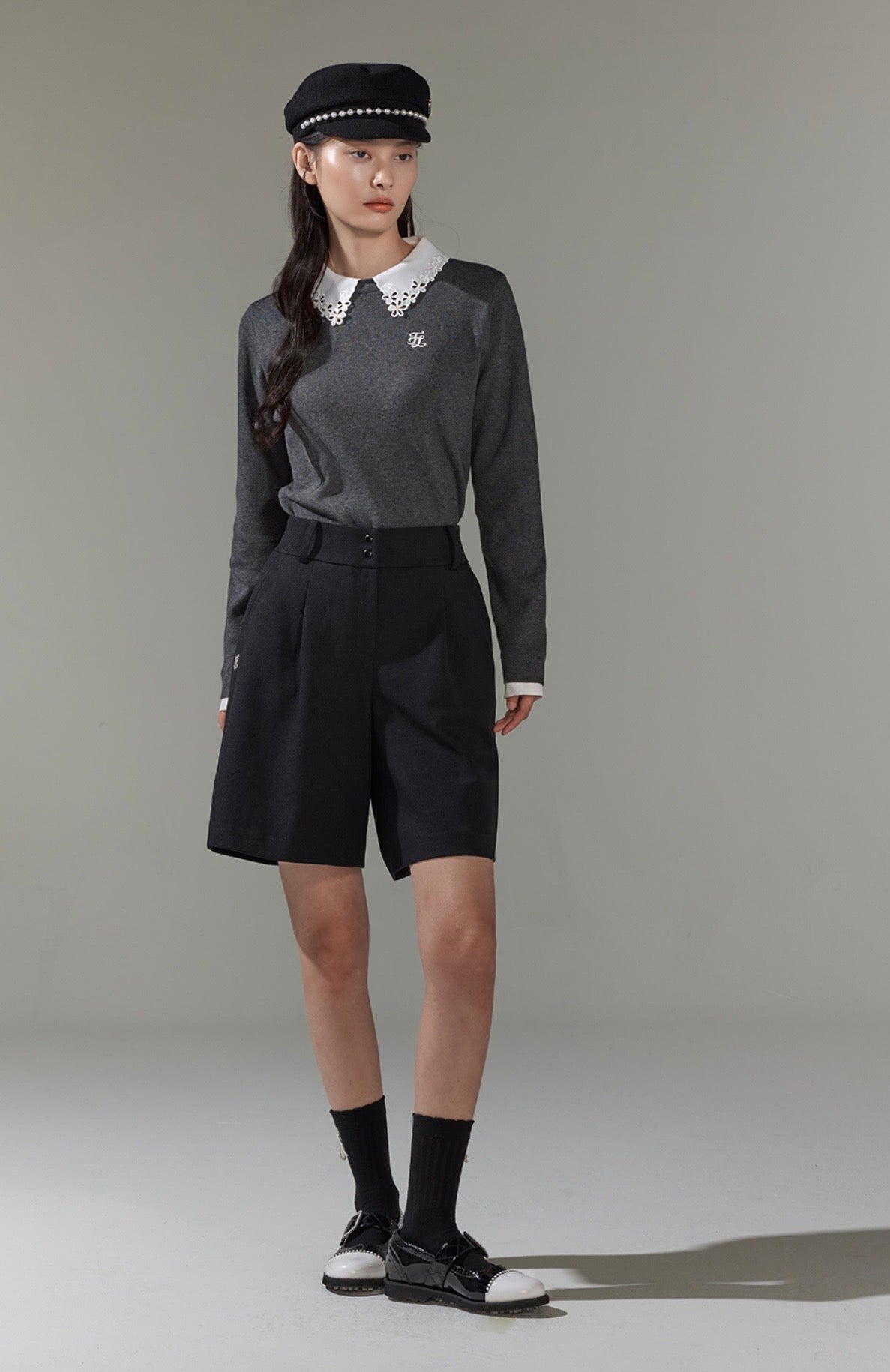 Fairliar Detachable lace collar knitted shirt (dark green)