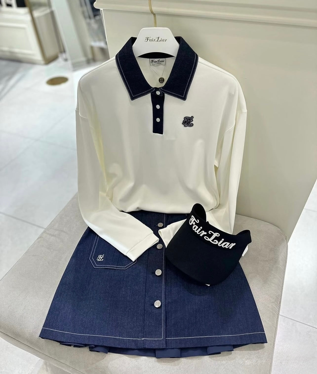 Fairliar Denim Collar Blouson T-shirt Golf [WHITE]