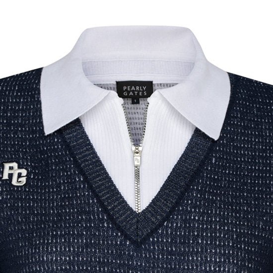 Pearly Gates] Women's Half-Zip Color-Block Collar Long-Sleeve Knit
