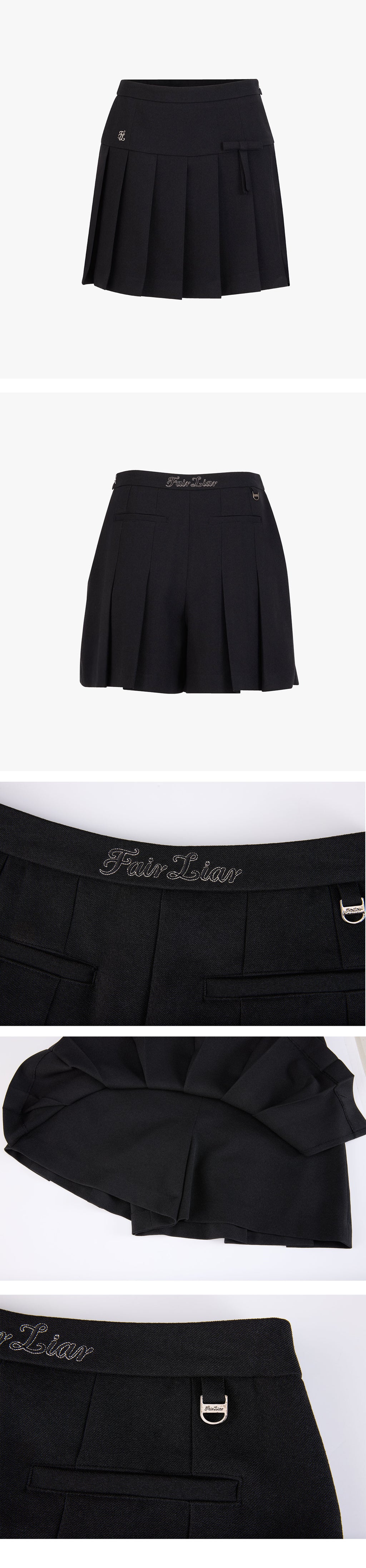 Fairliar Ribbon Pleated Wide-leg Culottes [Black]