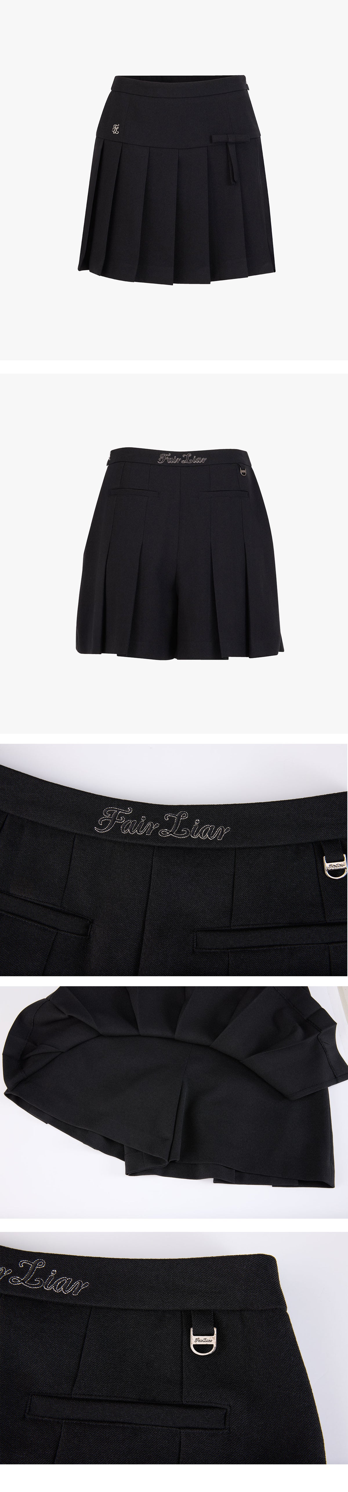 Fairliar Ribbon Pleated Wide-leg Culottes [Black]